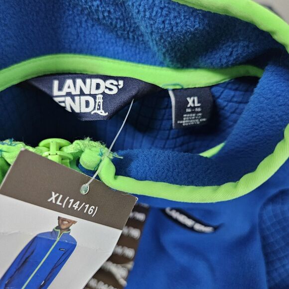 NWT Land’s End Kids XL 14-16 Full Zip Fleece Blue Neon Trim Waffle Weave Jacket - Picture 3 of 7